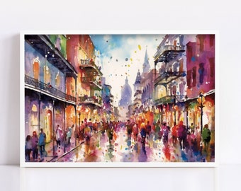 Colorful Mardi Gras Party Scene Watercolor – Bourbon Street, Print on Canvas, Artist Paper, Watercolor Paper, Available in Extra Large Sizes