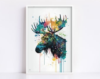 Woodland Guardian: Watercolor Moose Wall Decor Print, Giclee Print on Canvas, Artist Paper, Watercolor Paper, Available in Extra Large Sizes