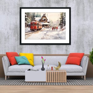 Winter Train Station Watercolor - Christmas Wall Art, Giclee Print on Canvas, Artist Paper, Watercolor Paper, Available in Extra Large Sizes Framed/Matted Print