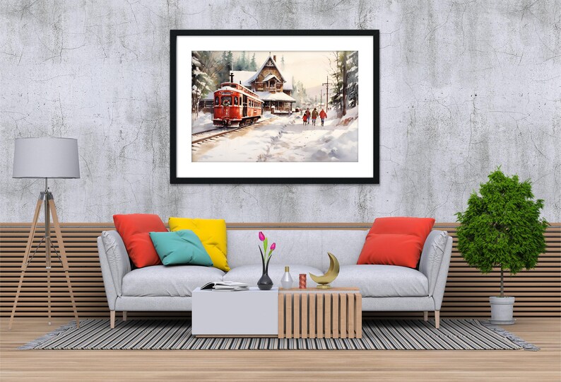 Winter Train Station Watercolor - Christmas Wall Art, Giclee Print on Canvas, Artist Paper, Watercolor Paper, Available in Extra Large Sizes Framed/Matted Print
