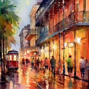 A vibrant watercolor painting depicting a lively street scene in New Orleans, Louisiana, with a trolley car and people walking along the wet pavement.