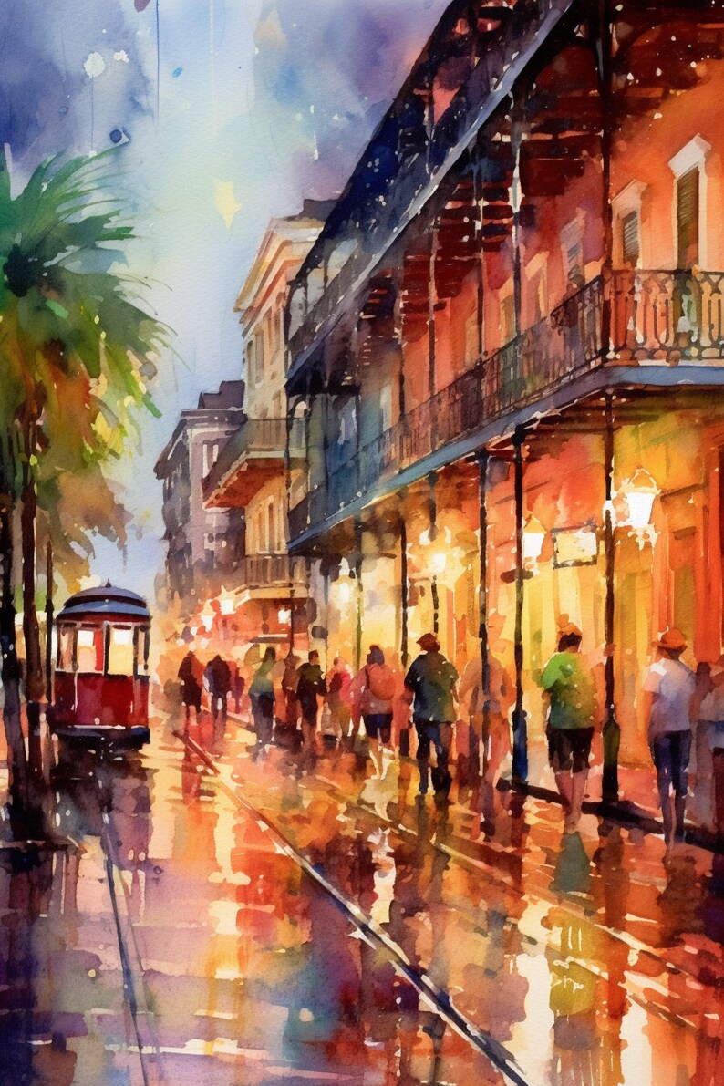 A vibrant watercolor painting depicting a lively street scene in New Orleans, Louisiana, with a trolley car and people walking along the wet pavement.