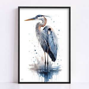 Tranquil Guardian: Blue Heron Watercolor Wall Art, Giclee Print on Canvas, Artist Paper, Watercolor Paper, Available in Extra Large Sizes