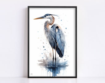 Tranquil Guardian: Blue Heron Watercolor Wall Art, Giclee Print on Canvas, Artist Paper, Watercolor Paper, Available in Extra Large Sizes
