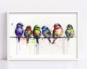 Nature's Chorus: Birds Watercolor Wall Decor Print, Giclee Print on Canvas, Artist Paper, Watercolor Paper, Available in Extra Large Sizes