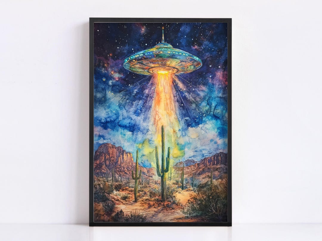 Watercolor Alien Ship Over Desert Scene, Giclee Print on Canvas, Artist ...