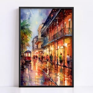 A vibrant painting depicting a lively street scene with a trolley car, people walking, and colorful buildings in the background.