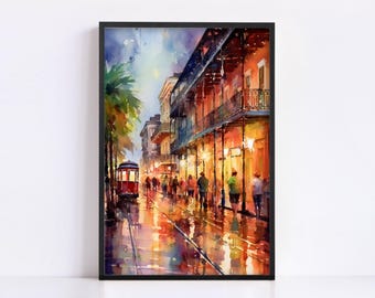 Watercolor Print Art: New Orleans Bourbon Street Scene - Giclee Canvas, Archival Quality, French Quarter Decor