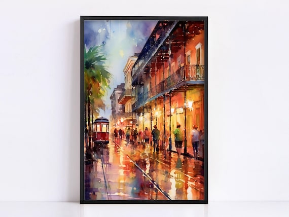 Watercolor Print Art: New Orleans Bourbon Street Scene - Giclee Canvas, Archival Quality, French Quarter Decor