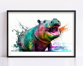 Hippo Serenity: Watercolor Hippopotamus Art Print, Giclee Print on Canvas, Artist Paper, Watercolor Paper, Available in Extra Large Sizes