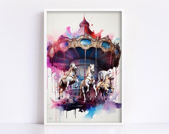 Whimsical Carousel: Watercolor Carnival Wall Art, Giclee Print on Canvas, Artist Paper, Watercolor Paper, Available in Extra Large Sizes