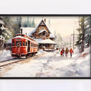 Winter Train Station Watercolor - Christmas Wall Art, Giclee Print on Canvas, Artist Paper, Watercolor Paper, Available in Extra Large Sizes 画像 1