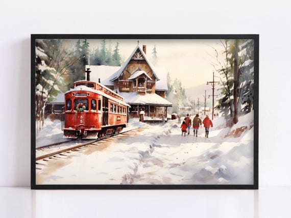 Winter Train Station Watercolor - Christmas Wall Art, Giclee Print on Canvas, Artist Paper, Watercolor Paper, Available in Extra Large Sizes