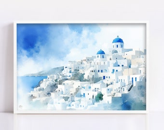 Aegean Bliss: Santorini Sunset Watercolor Wall Art, Giclee Print on Canvas, Artist Paper, Watercolor Paper, Available in Extra Large Sizes