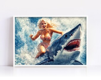 1950s Pin-Up Girl Riding Shark Watercolor Wall Art, Giclee Print on Canvas, Framed or Unframed, Artist Paper, Available in Extra Large Sizes