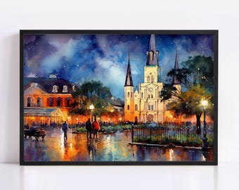 New Orleans Church Watercolor Wall Art Print, Giclee Print on Canvas, Artist Paper, Watercolor Paper, Available in Extra Large Sizes