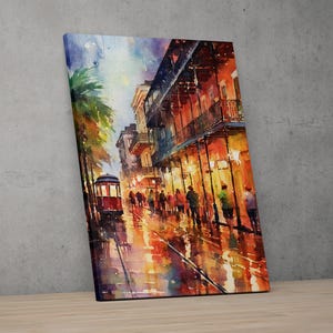 The image is a vibrant painting depicting a lively street scene with a trolley car, people walking, and a colorful, colorful atmosphere.