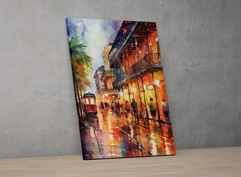 The image is a vibrant painting depicting a lively street scene with a trolley car, people walking, and a colorful, colorful atmosphere.