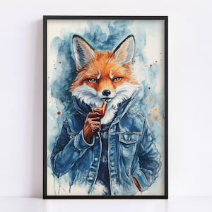 May include: Watercolor art print of a fox wearing a denim jacket and smoking a pipe. The fox has orange fur, blue eyes, and a white chest. The background is a watercolor wash of blue and white. The artwork is framed in a black frame.