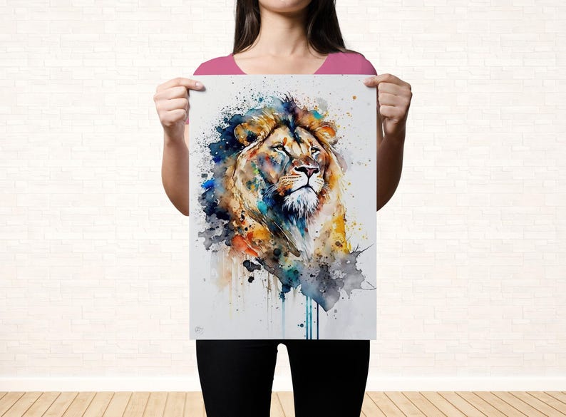 Majestic Lion: Watercolor Lion Wall Art Print, Giclee Print on Canvas, Artist Paper, Watercolor Paper, Available in Extra Large Sizes Unframed Art Print