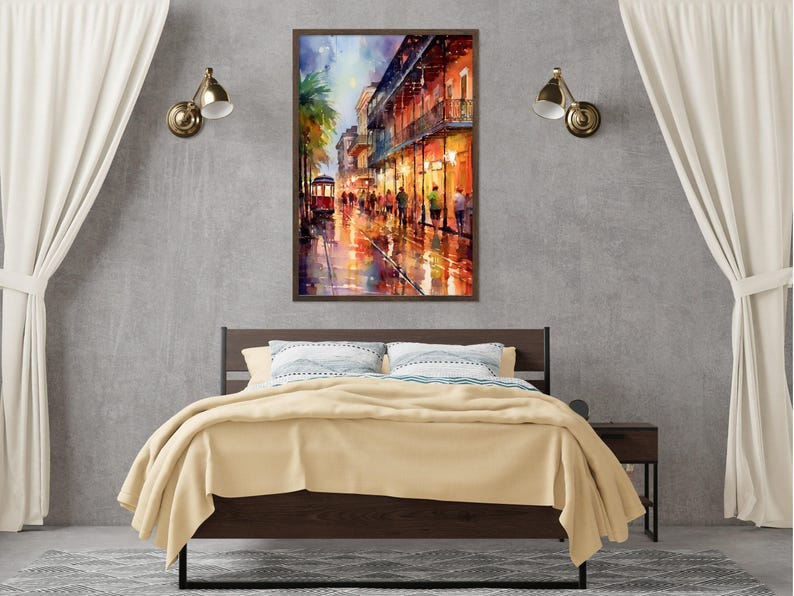 a bedroom with a large bed, a nightstand, and a framed painting of a city street scene hanging on the wall above the bed.