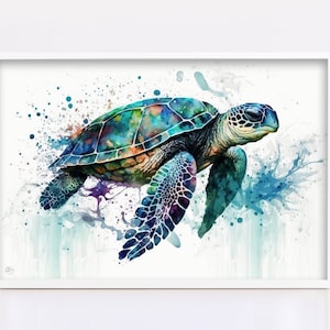 Aquatic Wonder: Sea Turtle Watercolor Wall Art, Giclee Print on Canvas, Artist Paper, Watercolor Paper, Available in Extra Large Sizes