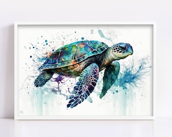 Aquatic Wonder: Sea Turtle Watercolor Wall Art, Giclee Print on Canvas, Artist Paper, Watercolor Paper, Available in Extra Large Sizes