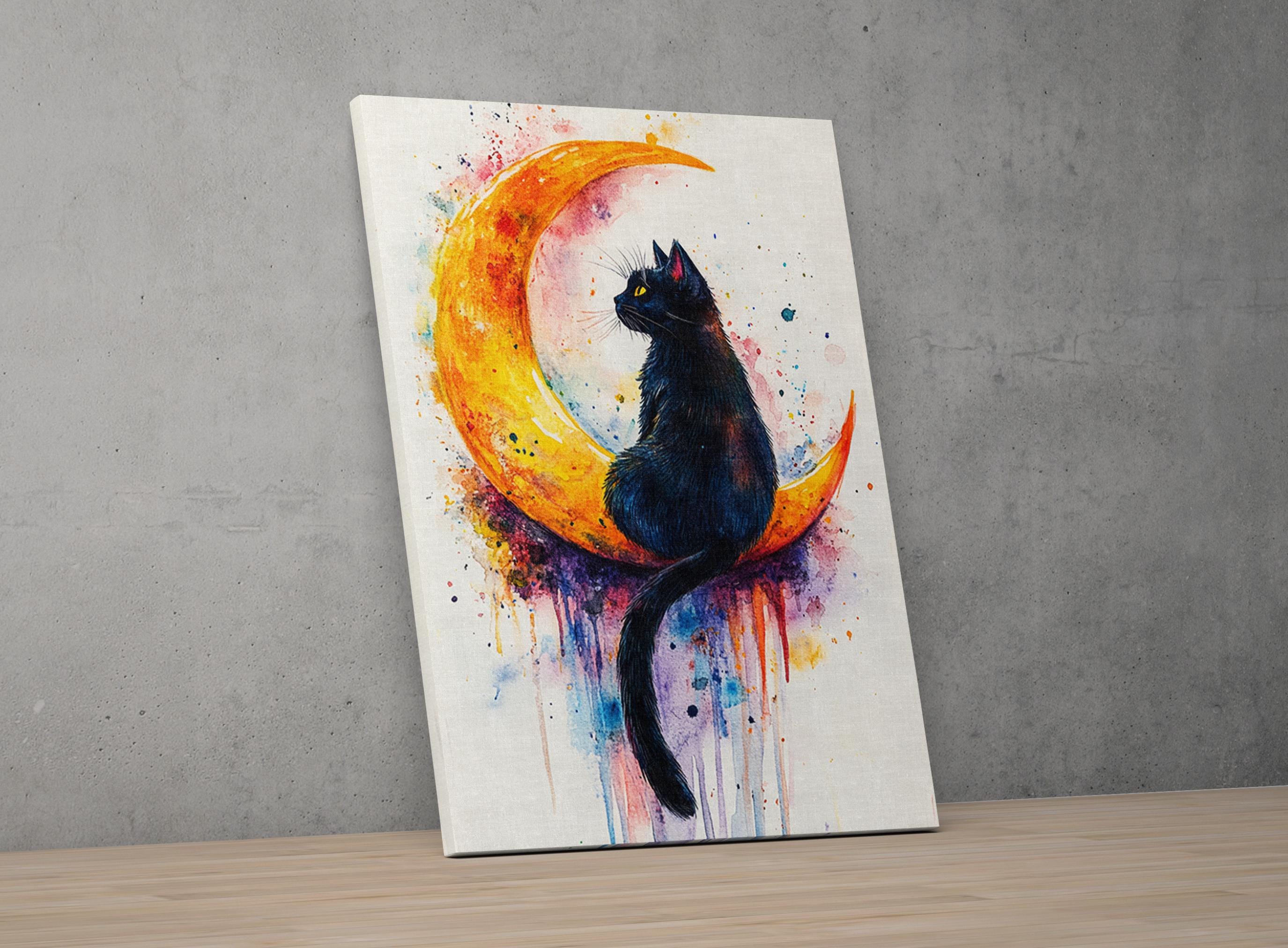 Crescent Moon Cat Night Sky Painting, Giclee Print on Canvas, Artist ...