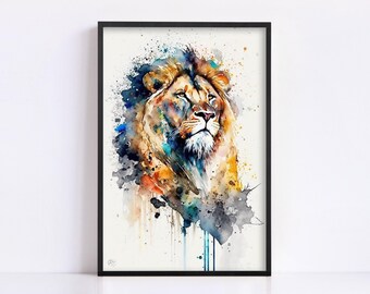 Majestic Lion: Watercolor Lion Wall Art Print, Giclee Print on Canvas, Artist Paper, Watercolor Paper, Available in Extra Large Sizes