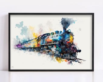 Vintage Locomotive: Watercolor Train Wall Art Print, Giclee Print on Canvas, Artist Paper, Watercolor Paper, Available in Extra Large Sizes