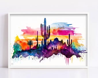 Southwest Desert Vista: Watercolor Landscape Art, Giclee Print on Canvas, Artist Paper, Watercolor Paper, Available in Extra Large Sizes