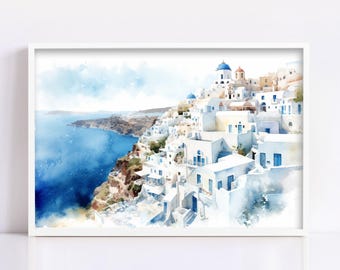 Whitewashed Charm: Santorini Greece Watercolor Print, Giclee Print on Canvas, Artist Paper, Watercolor Paper, Available in Extra Large Sizes