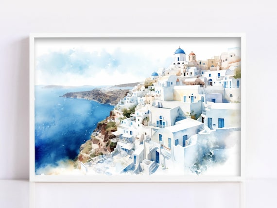 Whitewashed Charm: Santorini Greece Watercolor Print, Giclee Print on Canvas, Artist Paper, Watercolor Paper, Available in Extra Large Sizes