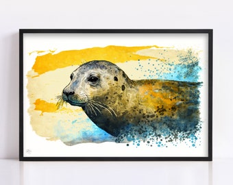 Coastal Guardian: Watercolor Seal Wall Art Print, Giclee Print on Canvas, Artist Paper, Watercolor Paper, Available in Extra Large Sizes