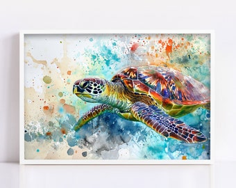 Colorful Sea Turtle Aquatic Beauty:  Watercolor Giclee Print on Canvas, Artist Paper, Watercolor Paper, Available in Extra Large Sizes