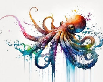 Octopus Watercolor Art Print, Nautical Canvas Print, Undersea Animal Framed Wall Art