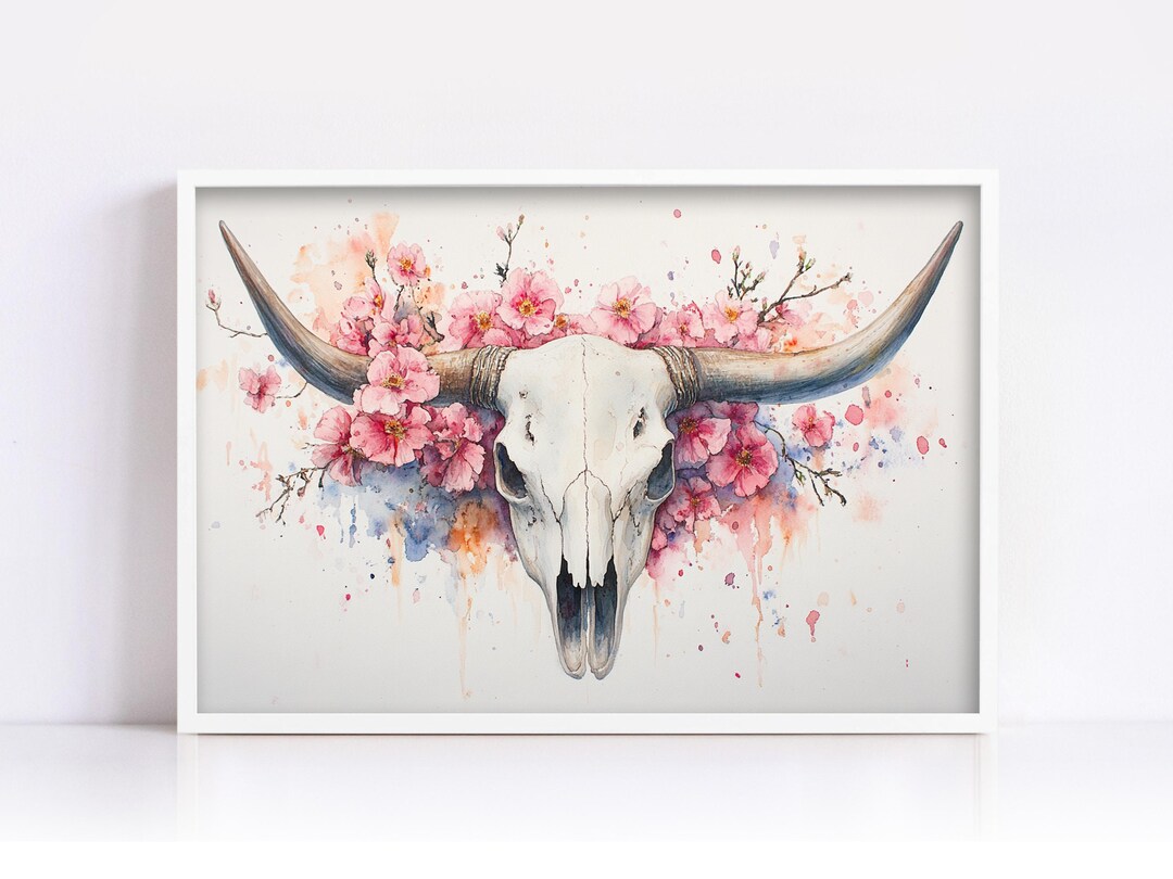 Desert Cow Skull With Flowers Watercolor Art, Giclee Print on Canvas ...