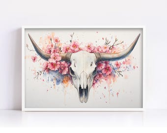 Desert Cow Skull with Flowers Watercolor Art, Giclee Print on Canvas, Artist Paper, Framed or Unframed, Available in Extra Large Sizes