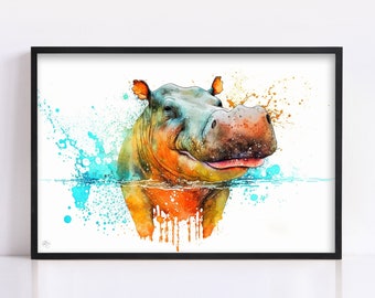 Hippopotamus Portrait: Watercolor Hippo Wall Decor, Giclee Print on Canvas, Artist Paper, Watercolor Paper, Available in Extra Large Sizes