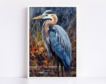 Waterside Blue Heron Watercolor Art for Wall Display, Giclee Print on Canvas, Artist Paper, Watercolor Paper, Available in Extra Large Sizes