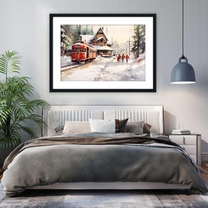 Winter Train Station Watercolor - Christmas Wall Art, Giclee Print on Canvas, Artist Paper, Watercolor Paper, Available in Extra Large Sizes 画像 6