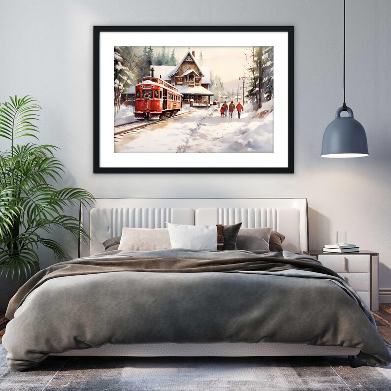 Winter Train Station Watercolor - Christmas Wall Art, Giclee Print on Canvas, Artist Paper, Watercolor Paper, Available in Extra Large Sizes 画像 6