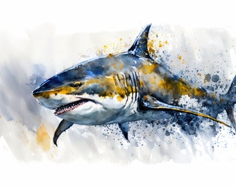 Shark Watercolor Art Print, Shark Canvas Print, Shark Framed Wall Art