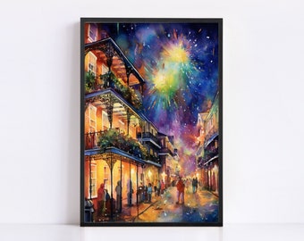 Vibrant Mardi Gras Night Celebration Watercolor –  Giclee Print on Canvas, Artist Paper, Watercolor Paper, Available in Extra Large Sizes
