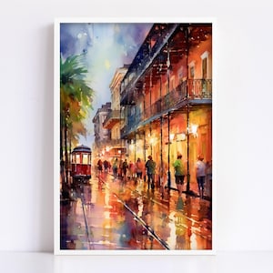 A vibrant watercolor painting depicting a lively street scene with a trolley car, people walking, and colorful buildings in the background.