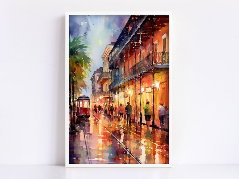 A vibrant watercolor painting depicting a lively street scene with a trolley car, people walking, and colorful buildings in the background.