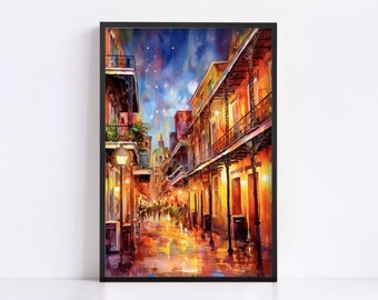 Bourbon Street Lights Watercolor – NOLA Wall Art, Giclee Print on Canvas, Artist Paper, Watercolor Paper, Available in Extra Large Sizes