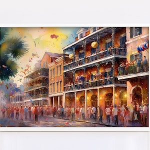 New Orleans Mardi Gras Watercolor, Festive Wall Art, Giclee Print on Canvas, Artist Paper, Watercolor Paper, Available in Extra Large Sizes