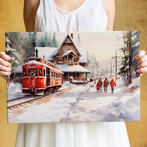 Winter Train Station Watercolor - Christmas Wall Art, Giclee Print on Canvas, Artist Paper, Watercolor Paper, Available in Extra Large Sizes 画像 5