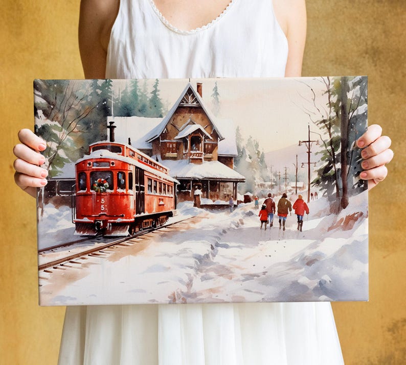 Winter Train Station Watercolor - Christmas Wall Art, Giclee Print on Canvas, Artist Paper, Watercolor Paper, Available in Extra Large Sizes 画像 5